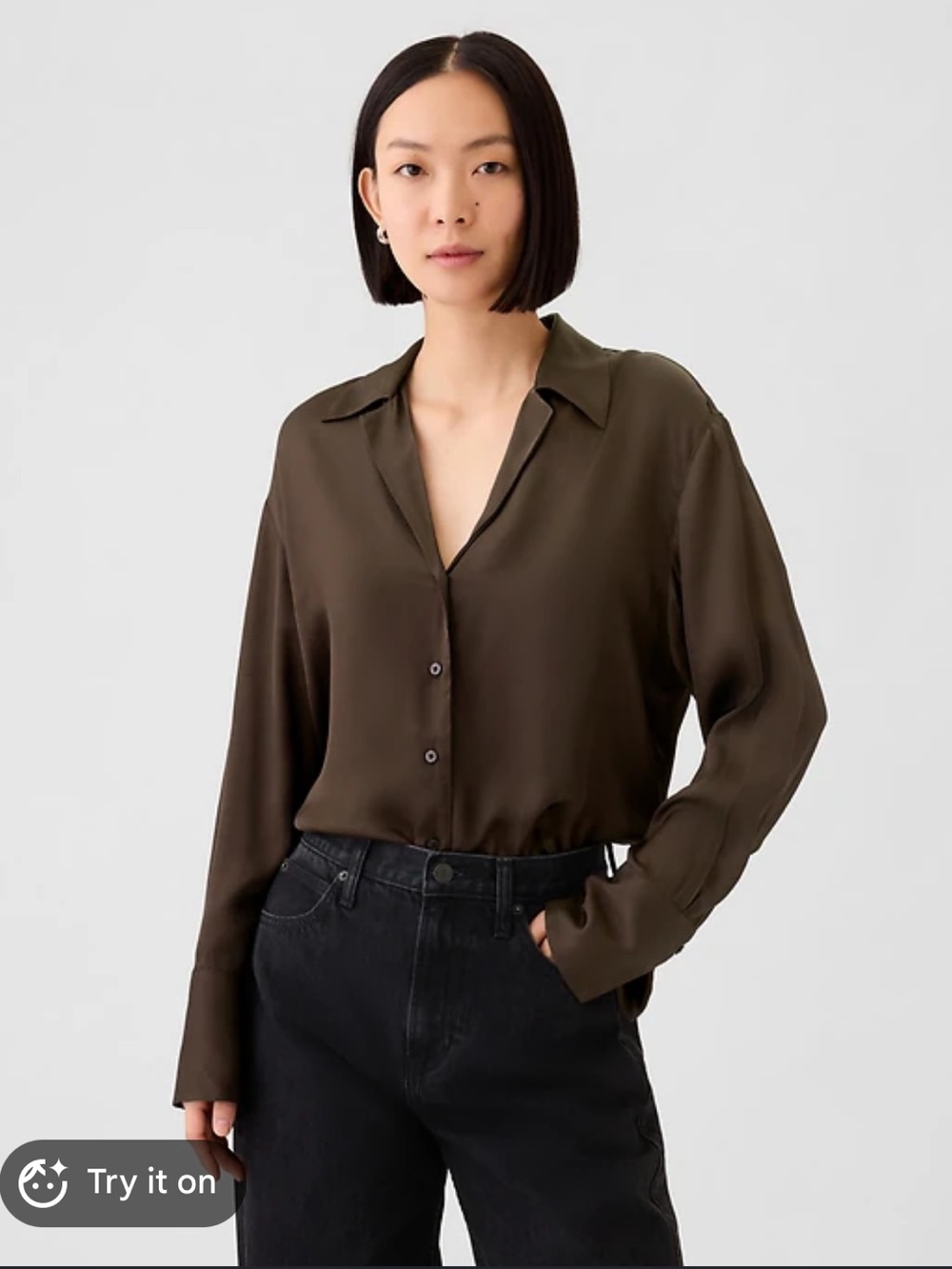NWT!! Women’s Satin Relaxed Button Down Shirt in Chocolate Brown
